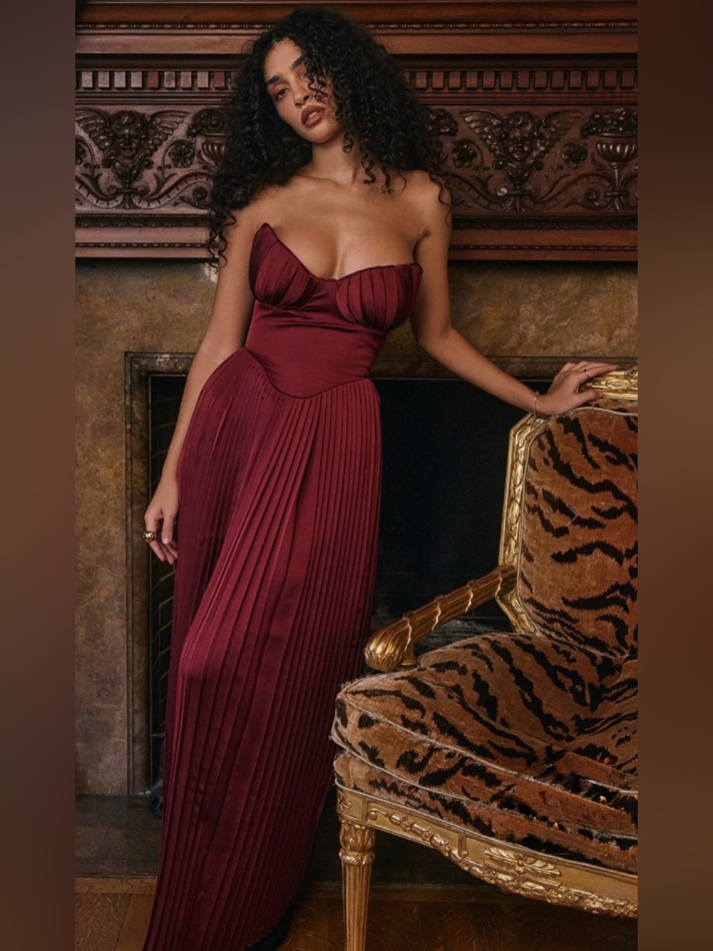 Strapless Burgundy Pleated Maxi Dress